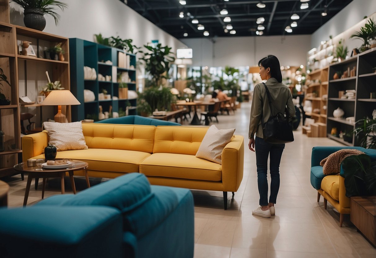 A person browsing through a variety of affordable furniture options in a Singaporean store. The furniture is displayed neatly and organized, with price tags clearly visible