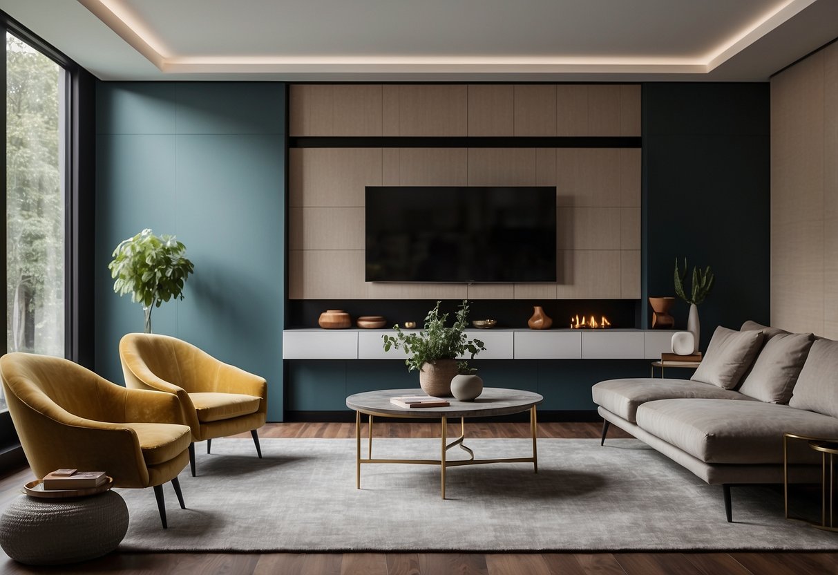 A modern living room with iconic furniture brands displayed. Clean lines, bold colors, and sleek designs create a stylish and inviting atmosphere