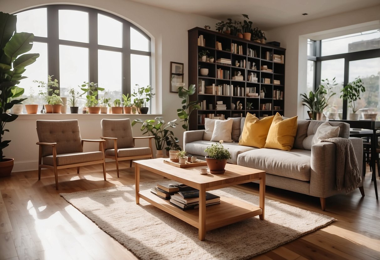 A cozy living room with a comfortable sofa, a stylish coffee table, and a bookshelf filled with books. A dining area with a modern table and chairs. Bright, natural lighting and plants add a touch of warmth