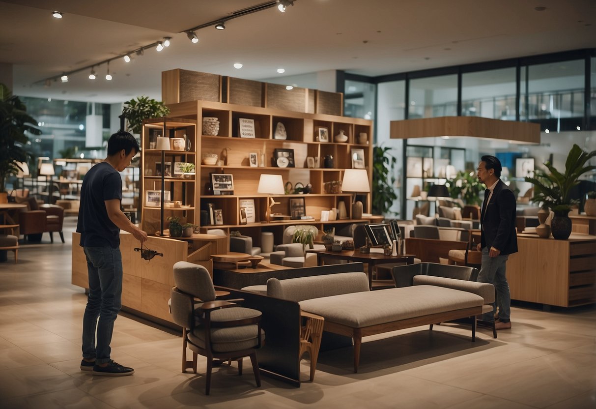 A customer browsing through a variety of affordable furniture in a store, with a sign "Frequently Asked Questions cheap furniture singapore" displayed prominently