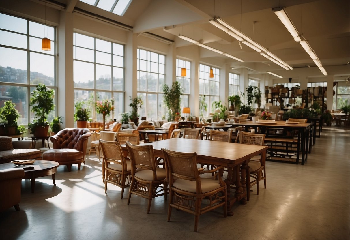 A furniture shop with rows of chairs, tables, and shelves. Large windows let in natural light, illuminating the various pieces on display