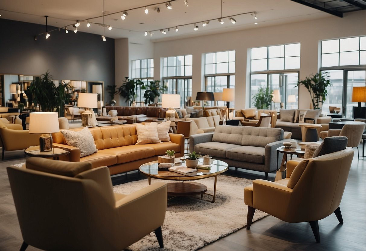 Customers browsing modern and vintage furniture in a spacious showroom with natural lighting and a variety of decor styles