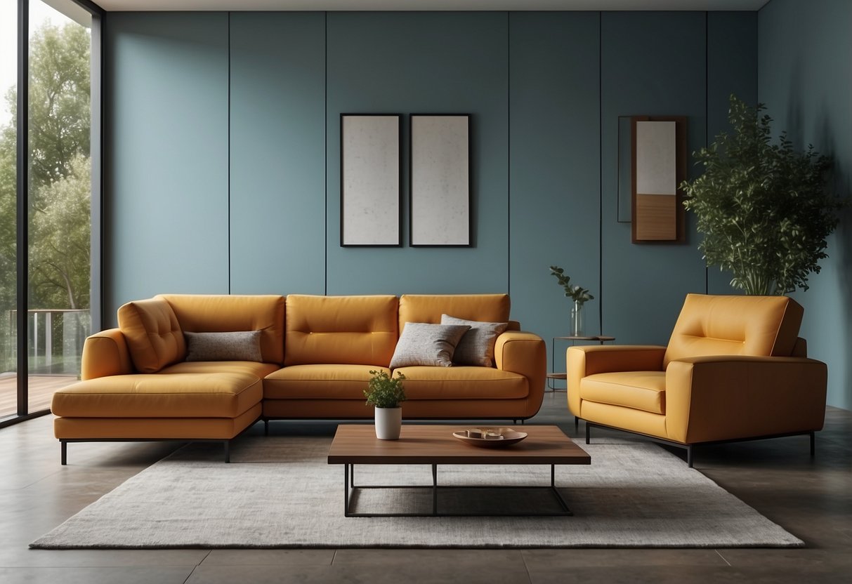A modern living room with Italian modular furniture arranged in clean lines and bold colors, creating a sleek and stylish atmosphere