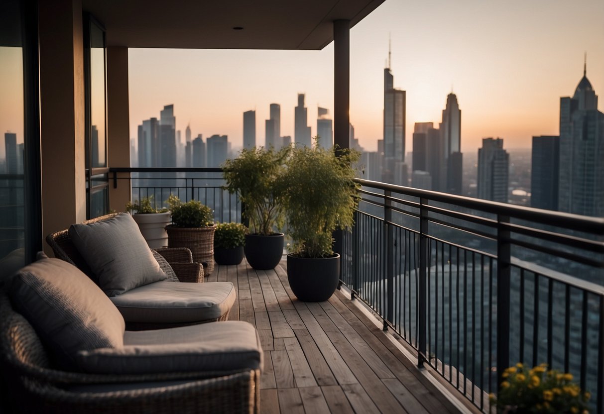 A cozy balcony with modern furniture overlooking the city skyline