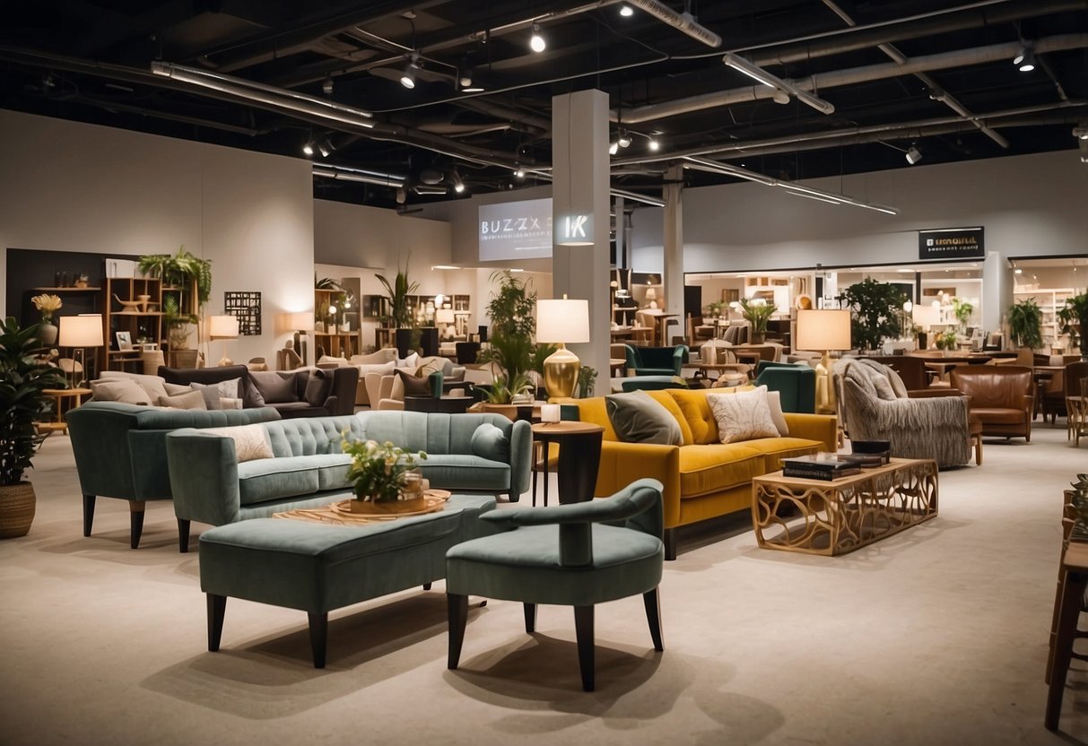 The furniture shop buzzes with activity as staff assist customers and arrange displays. Bright lighting highlights the stylish and comfortable pieces on offer