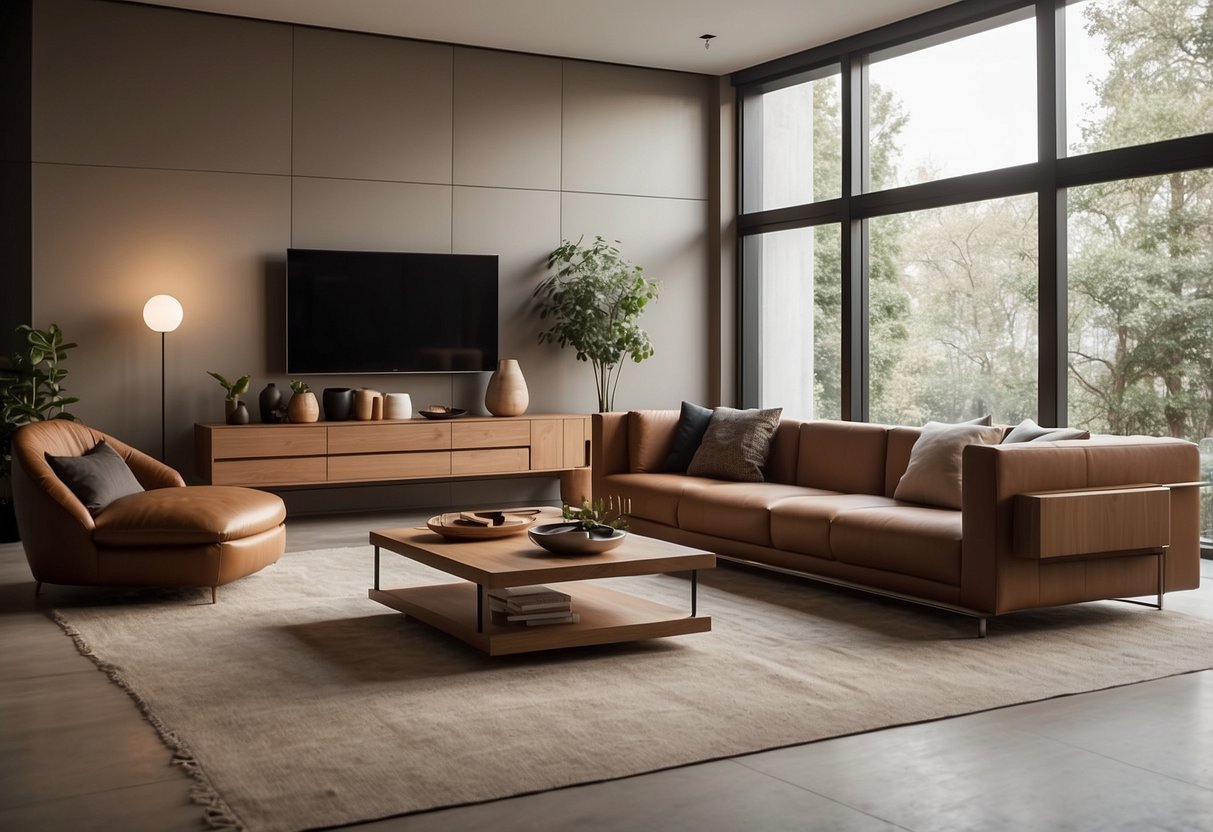 A sleek, minimalist living room with modular furniture in warm earth tones, featuring clean lines and multifunctional pieces