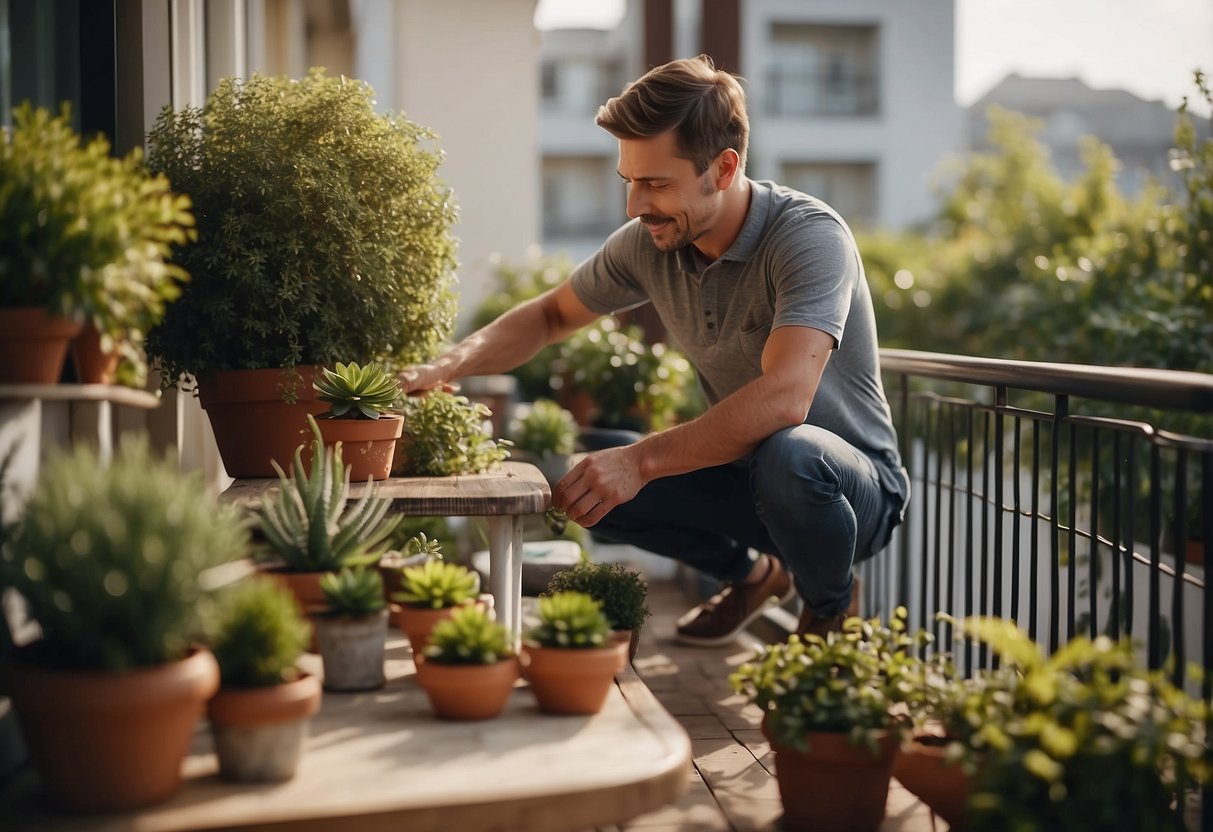 A person arranging balcony furniture, considering size and style. Plants and decor add to the cozy atmosphere