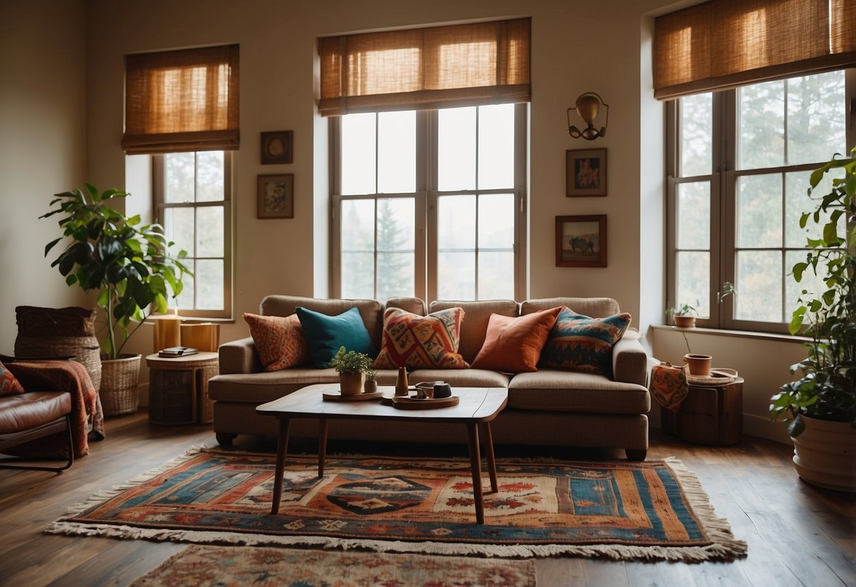 A cozy living room with a colorful kilim rug, a kilim-upholstered sofa, and matching kilim throw pillows. Bright, natural light filters through the window, casting warm shadows on the furniture