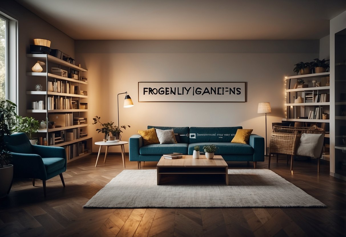 A room with various modular furniture pieces labeled "Frequently Asked Questions" in Italian