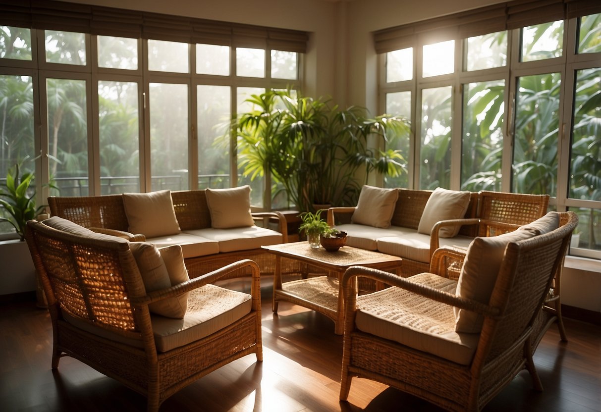 A cozy living room with cane furniture in Singapore. Sunlight streams through the windows, casting warm shadows on the intricately woven chairs and tables