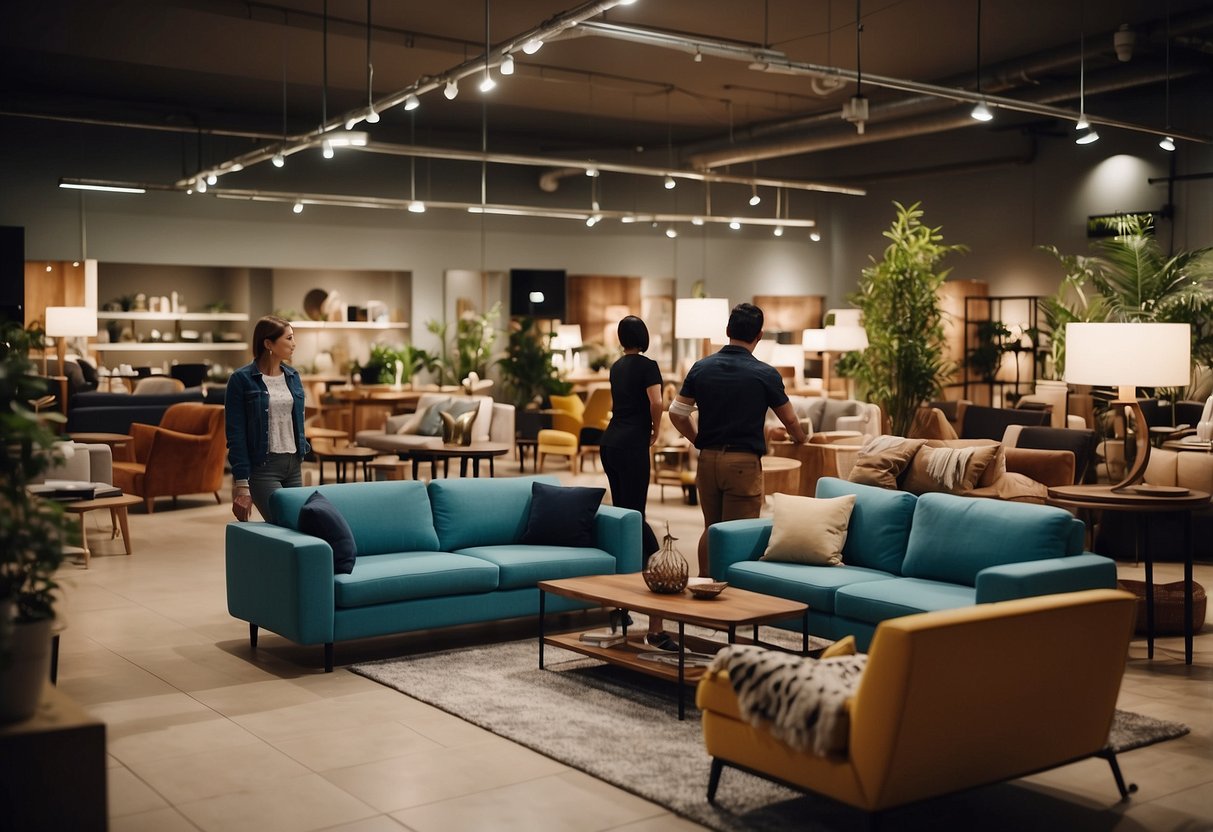 A bustling furniture shop with customers browsing and staff assisting. Displayed items include sofas, tables, and chairs. Bright lighting and a clean, organized layout create an inviting atmosphere