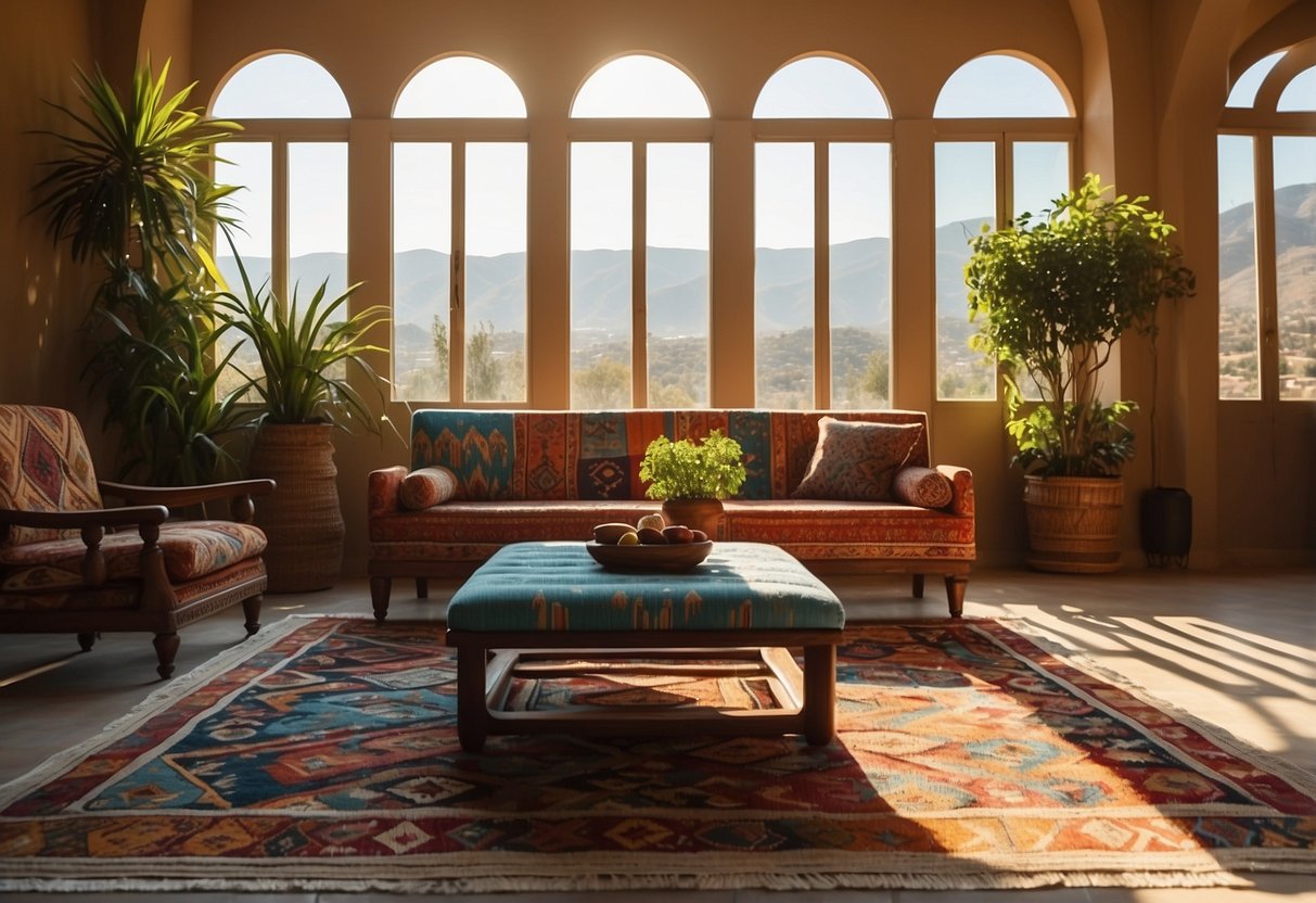 A room with vibrant kilim furniture, featuring intricate geometric patterns and bold colors. Sunlight streams through the window, casting warm shadows on the floor