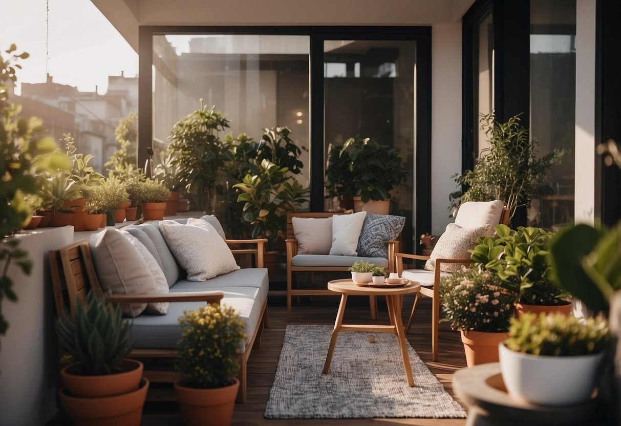 A cozy outdoor balcony with modern furniture, potted plants, and soft lighting, creating a welcoming and relaxing atmosphere