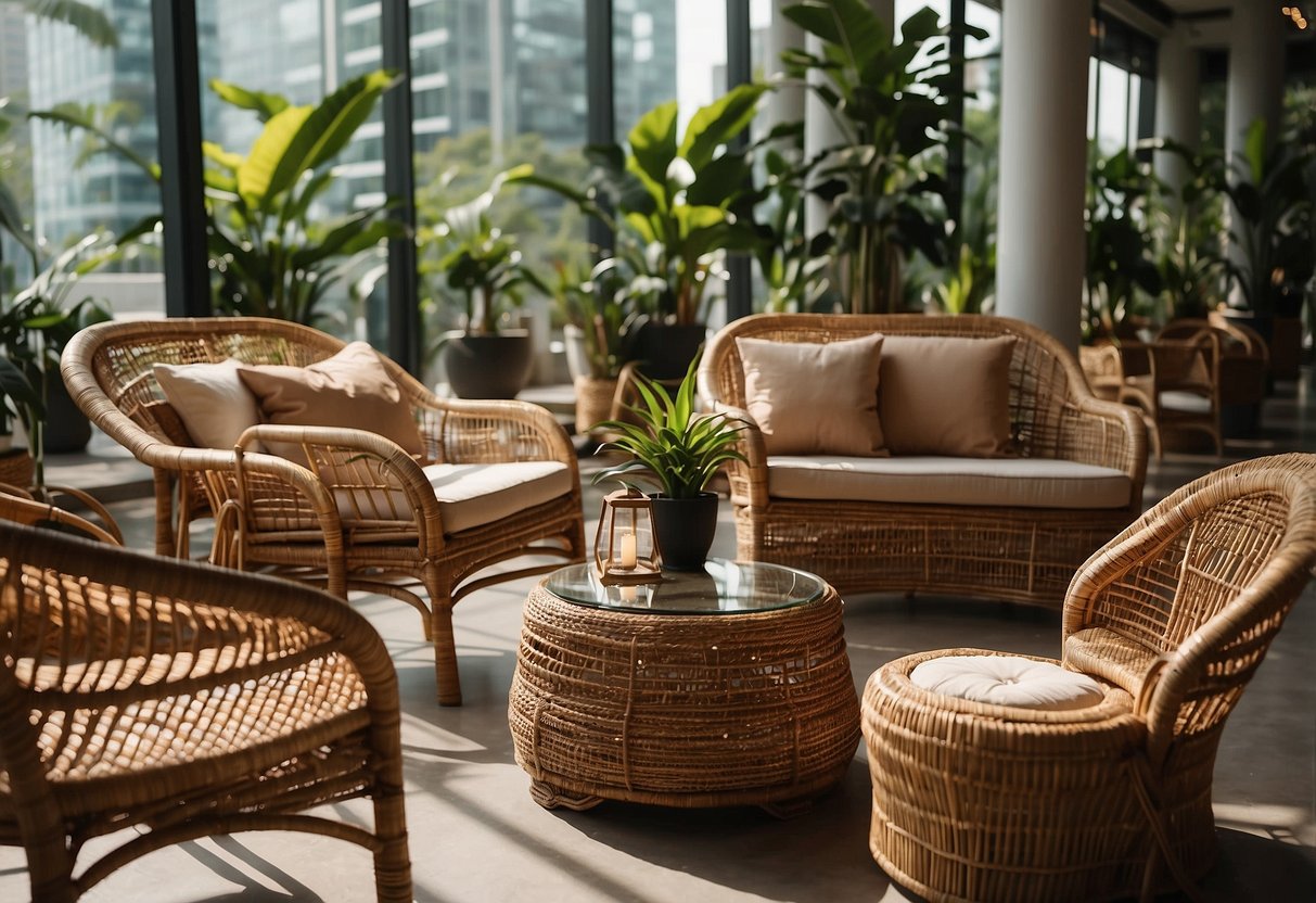 A sunlit showroom displays a variety of cane and rattan furniture in Singapore, with intricate weaves and natural textures