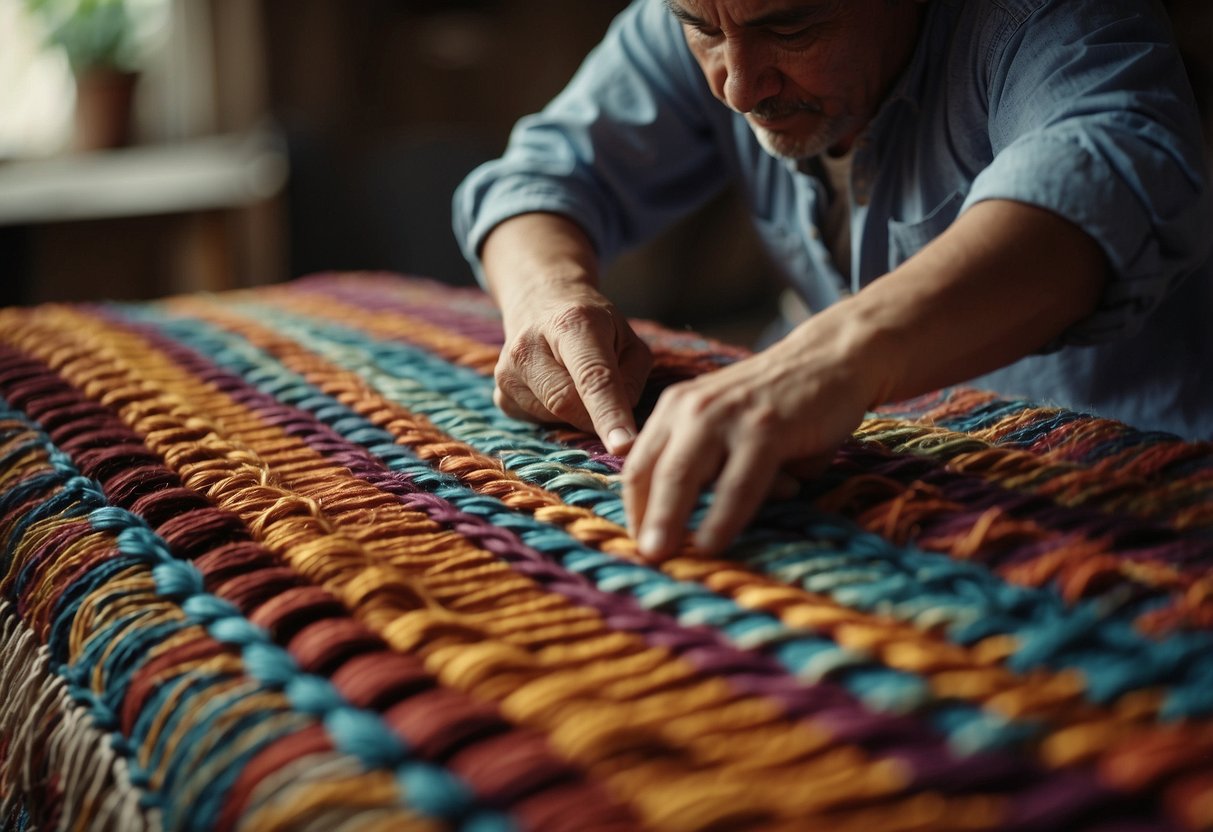 A skilled artisan meticulously weaves colorful threads into a beautiful kilim furniture piece, showcasing craftsmanship and care