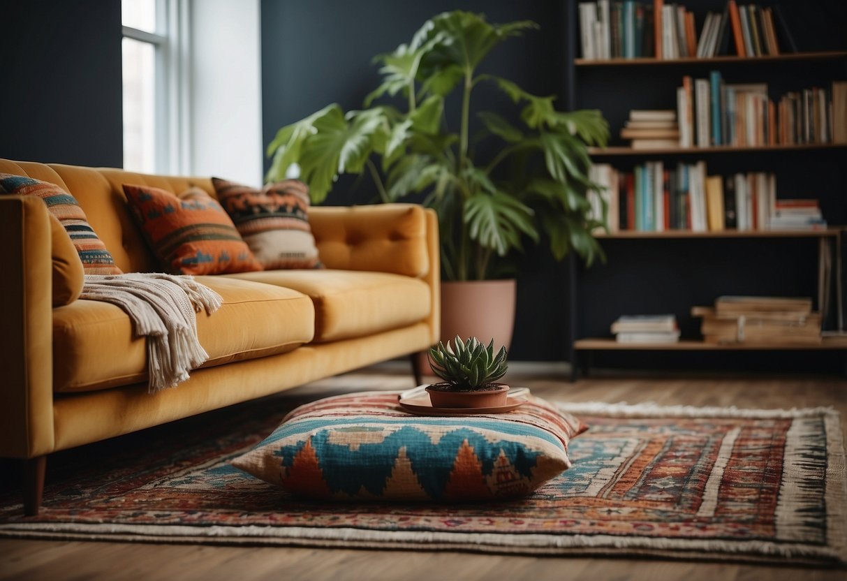 A colorful kilim rug draped over a sleek, modern sofa with a stack of books and a potted plant nearby