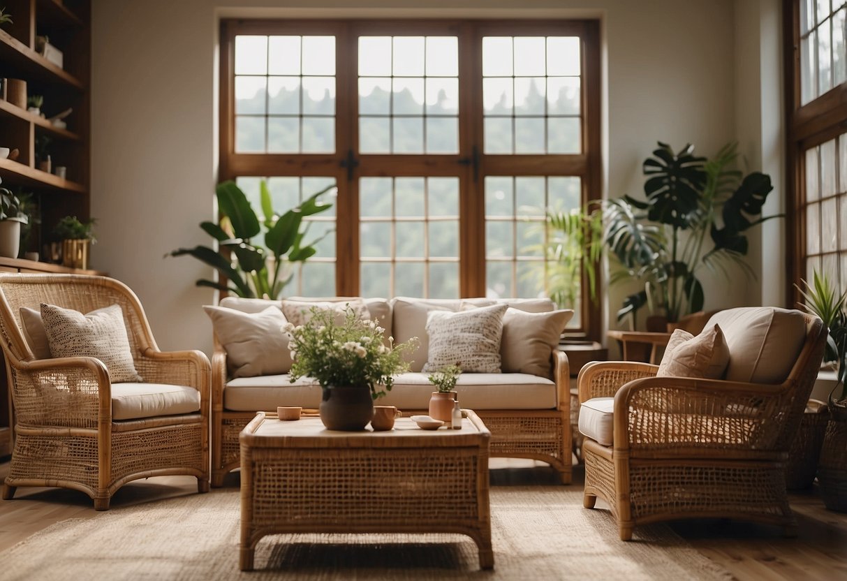 A cozy living room with natural light, showcasing a variety of cane furniture pieces such as chairs, tables, and shelves