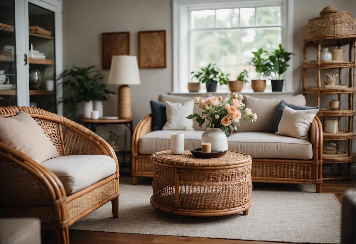 A cozy living room with a rattan sofa and armchairs, a coffee table with a vase of flowers, and shelves with neatly arranged cane furniture catalogs