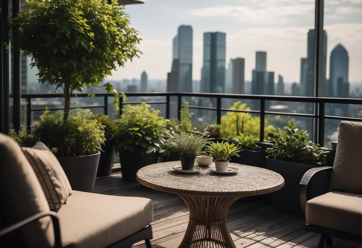 A cozy balcony with modern furniture, including a sleek table and chairs, surrounded by lush green plants and overlooking a bustling cityscape
