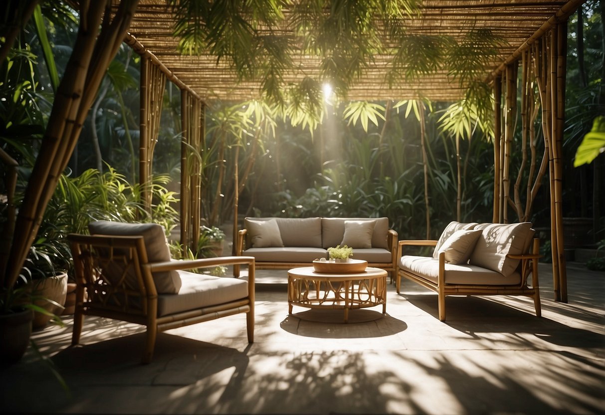 A serene garden with bamboo furniture arranged under a leafy canopy. Sunlight filters through the trees, casting dappled shadows on the smooth, natural surfaces