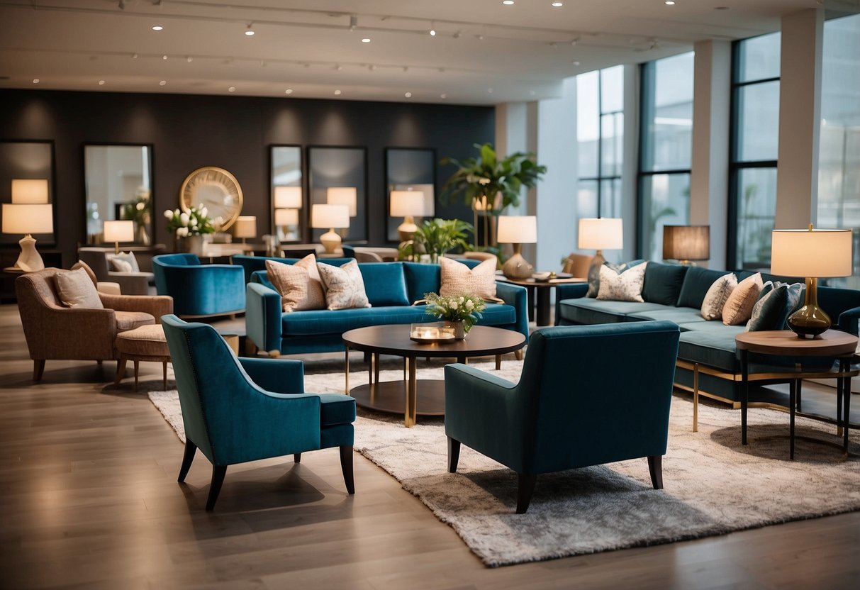 The showroom of Lauren Furniture Company is filled with modern, sleek designs. A variety of chairs, tables, and sofas are displayed in a spacious, well-lit setting