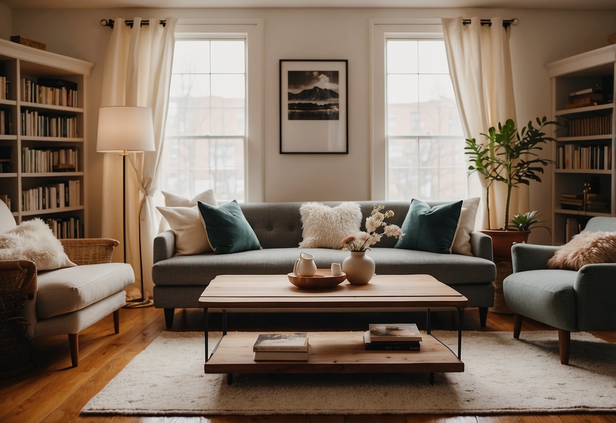 A cozy living room with a plush sofa, coffee table, and bookshelves. A soft rug and warm lighting complete the inviting space
