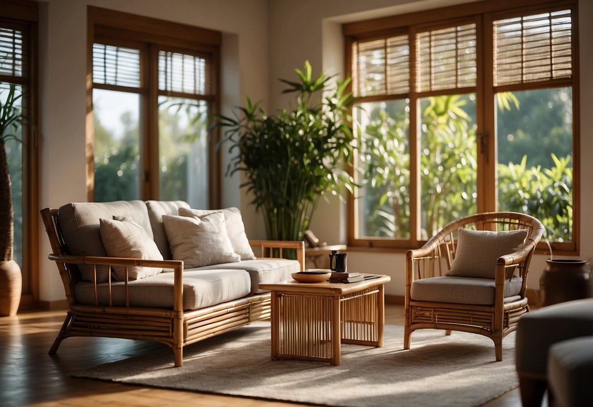 A serene bamboo furniture set in a sunlit room, with a cozy armchair, a sleek coffee table, and a stylish bookshelf