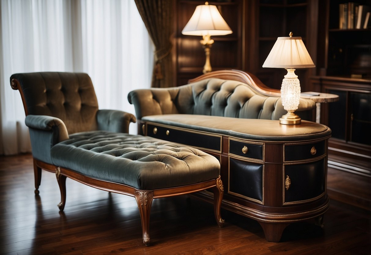 An elegant chaise lounge sits beside a polished mahogany writing desk, adorned with a crystal lamp and plush velvet chair