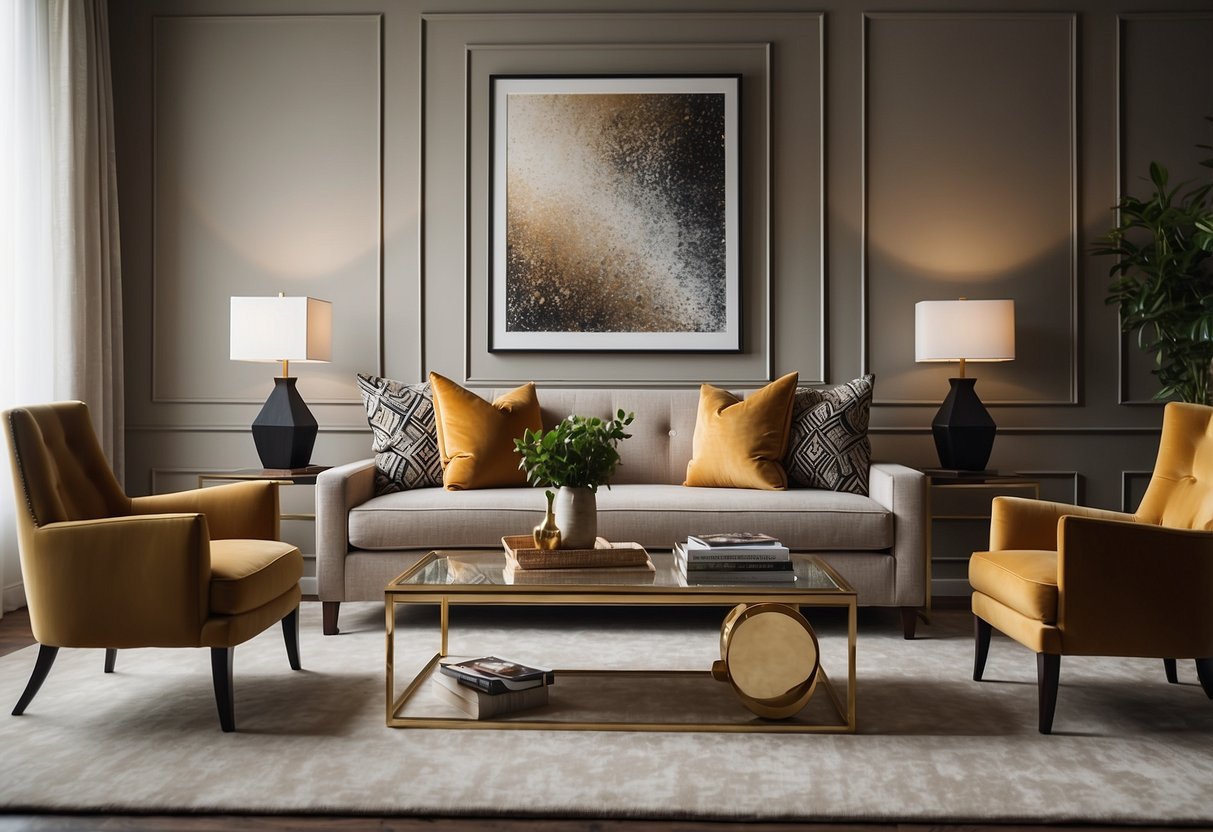 A modern sofa sits opposite a sleek coffee table, flanked by matching armchairs. A large area rug ties the space together, with a statement piece of art on the wall