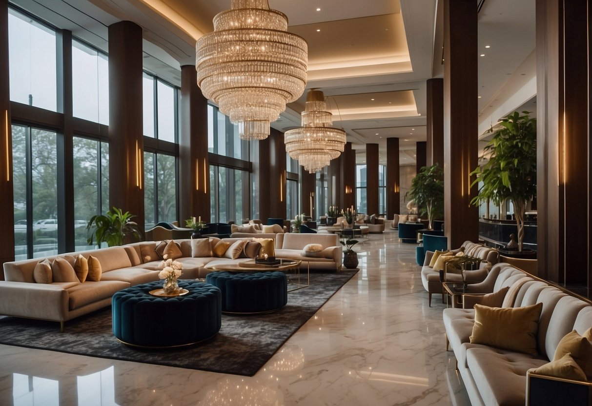 A grand chandelier illuminates a sleek, modern lobby with plush velvet sofas and marble coffee tables, showcasing the exquisite luxury hotel furniture for sale