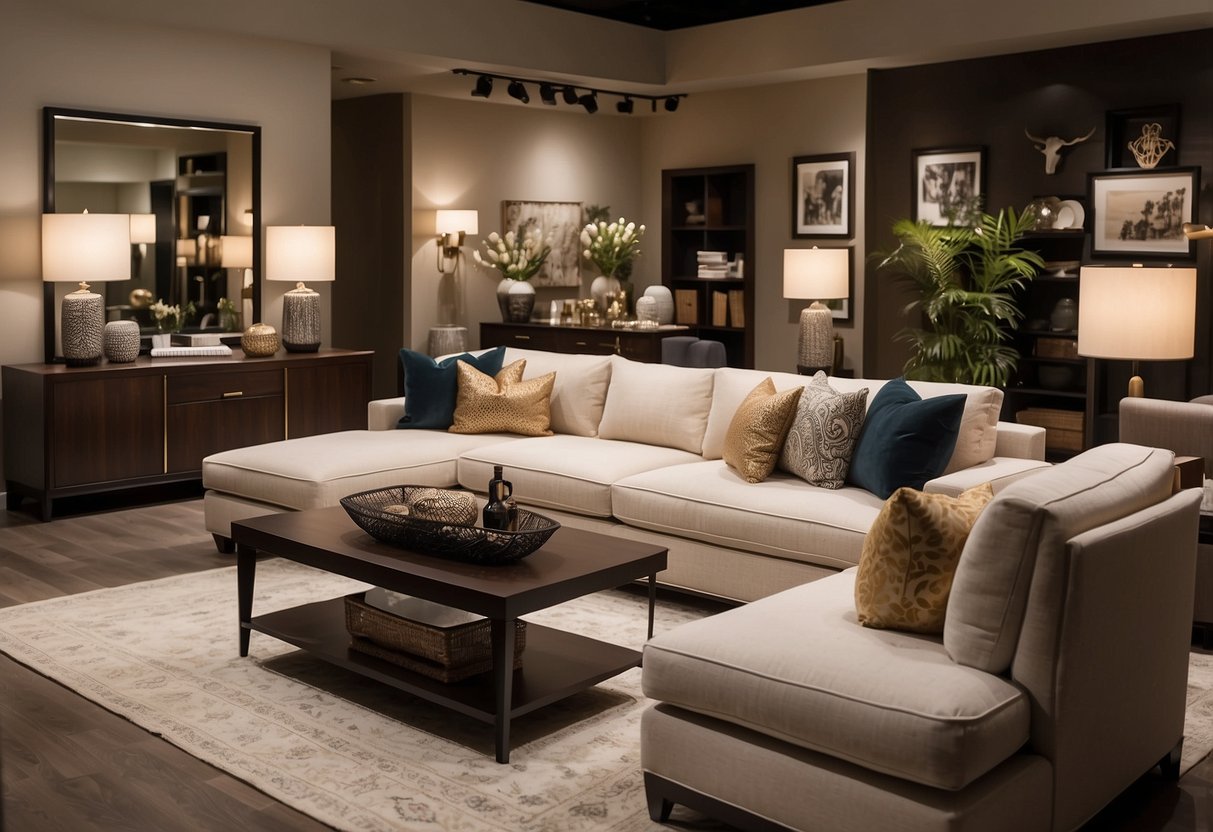 A spacious showroom displays elegant, modern furniture pieces in various styles and colors, arranged in tasteful vignettes. The warm lighting highlights the quality craftsmanship of the Lauren Furniture Company's collections