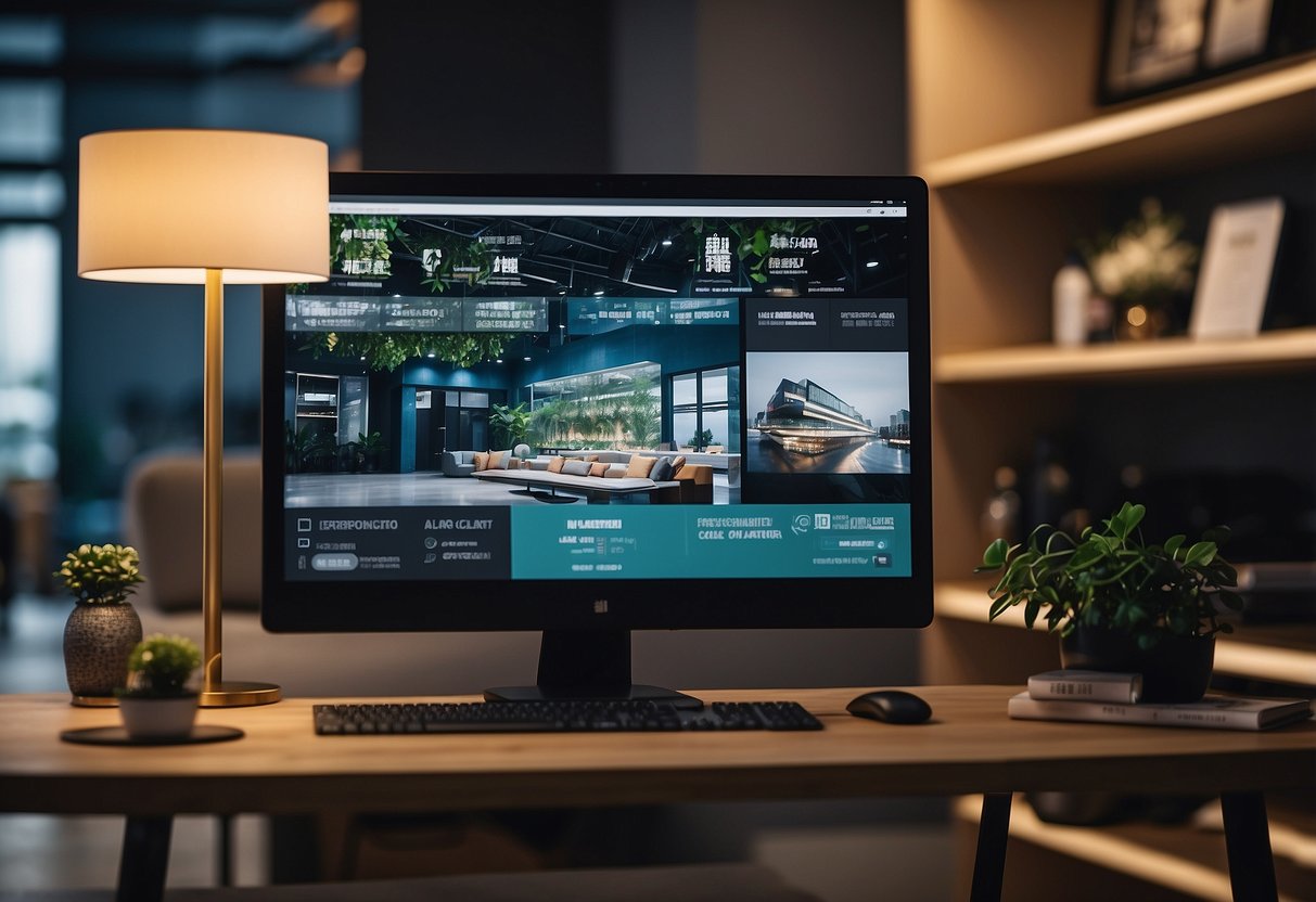 A computer screen displaying an online furniture store in Singapore, with various items arranged in a virtual showroom