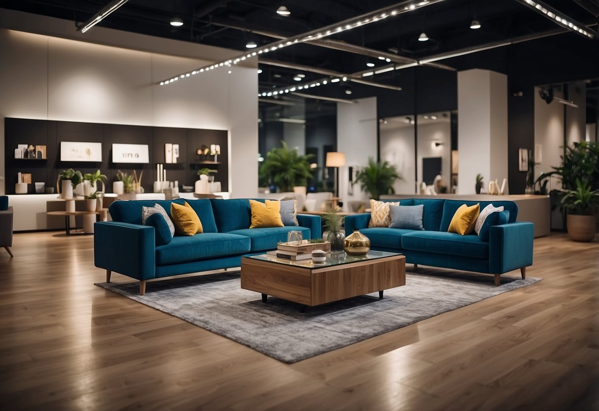 The showroom features modern furniture displays in a spacious, well-lit setting with sleek design elements and vibrant colors