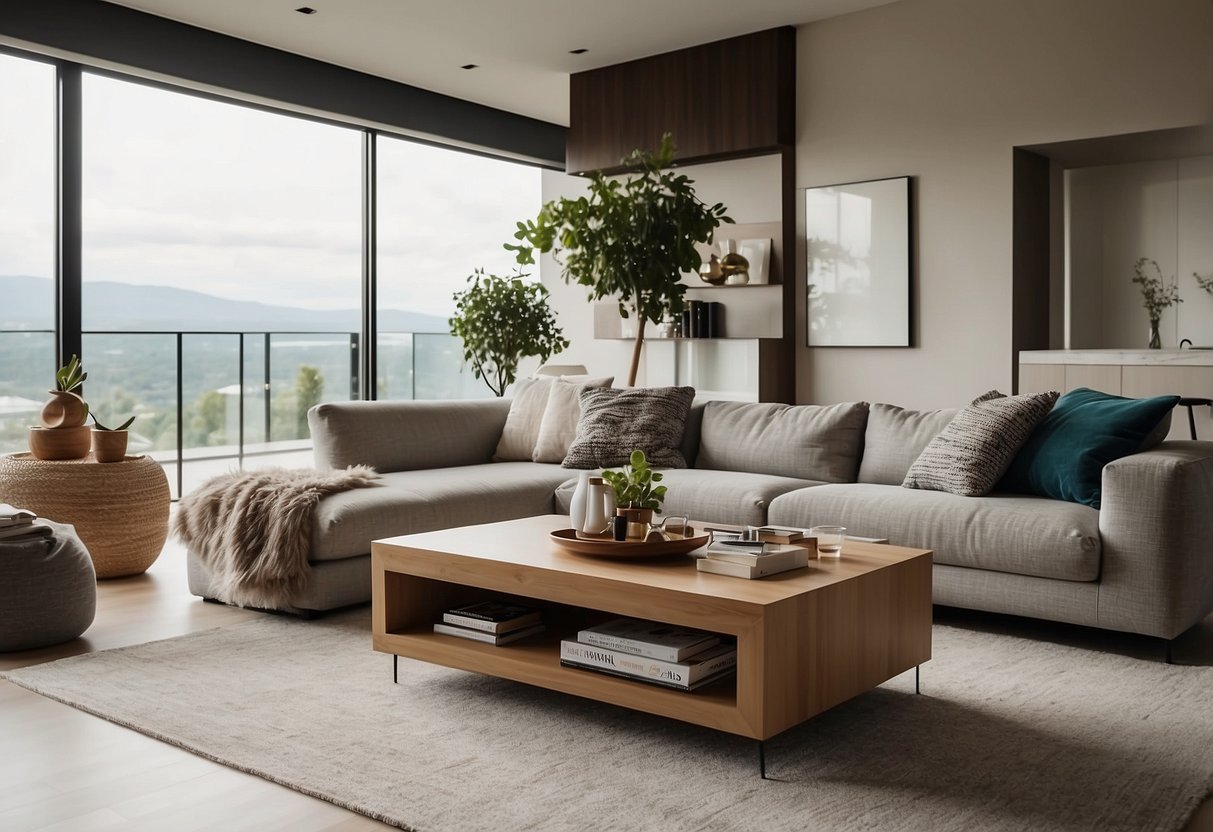 A cozy living room with a large, plush sofa, a sleek coffee table, and a stylish entertainment unit. Natural light floods the room, highlighting the comfortable and functional furniture arrangement