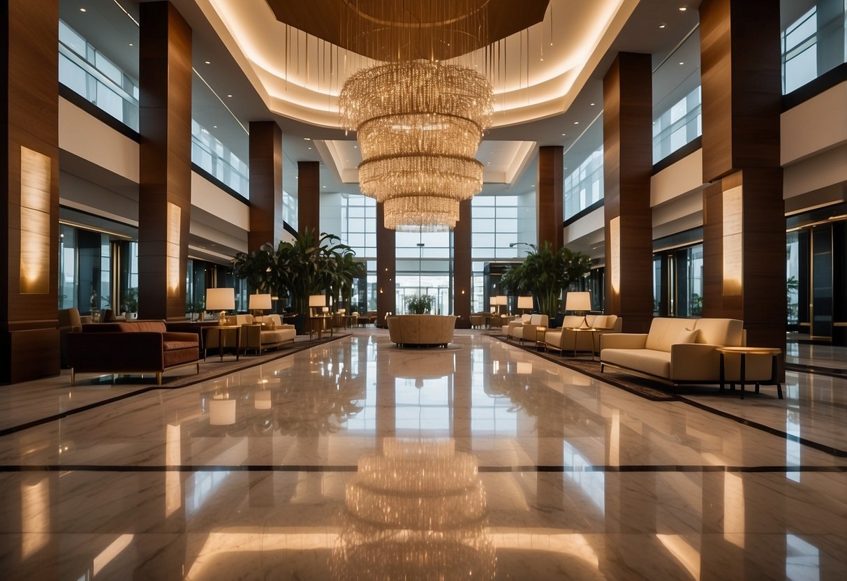 A grand lobby with plush seating, elegant tables, and modern lighting. A concierge desk with polished wood and gold accents