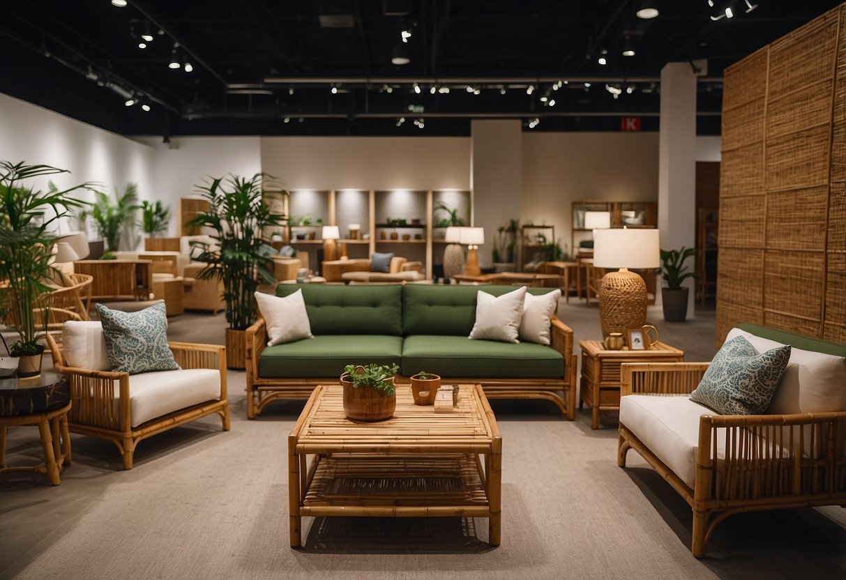 A bamboo furniture showroom with customers browsing, a salesperson assisting, and a display of FAQs prominently featured