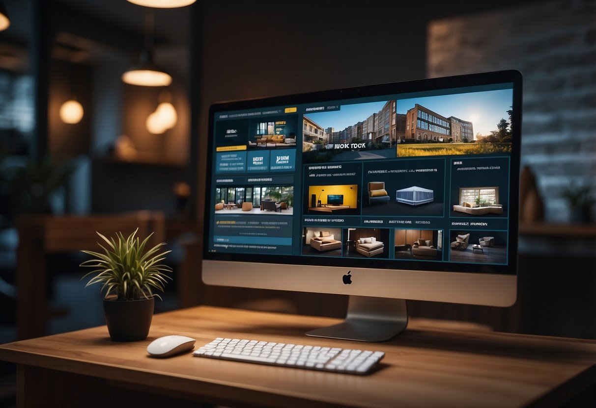 A computer screen displays a variety of furniture options. A hand hovers over a mouse, ready to explore the online store