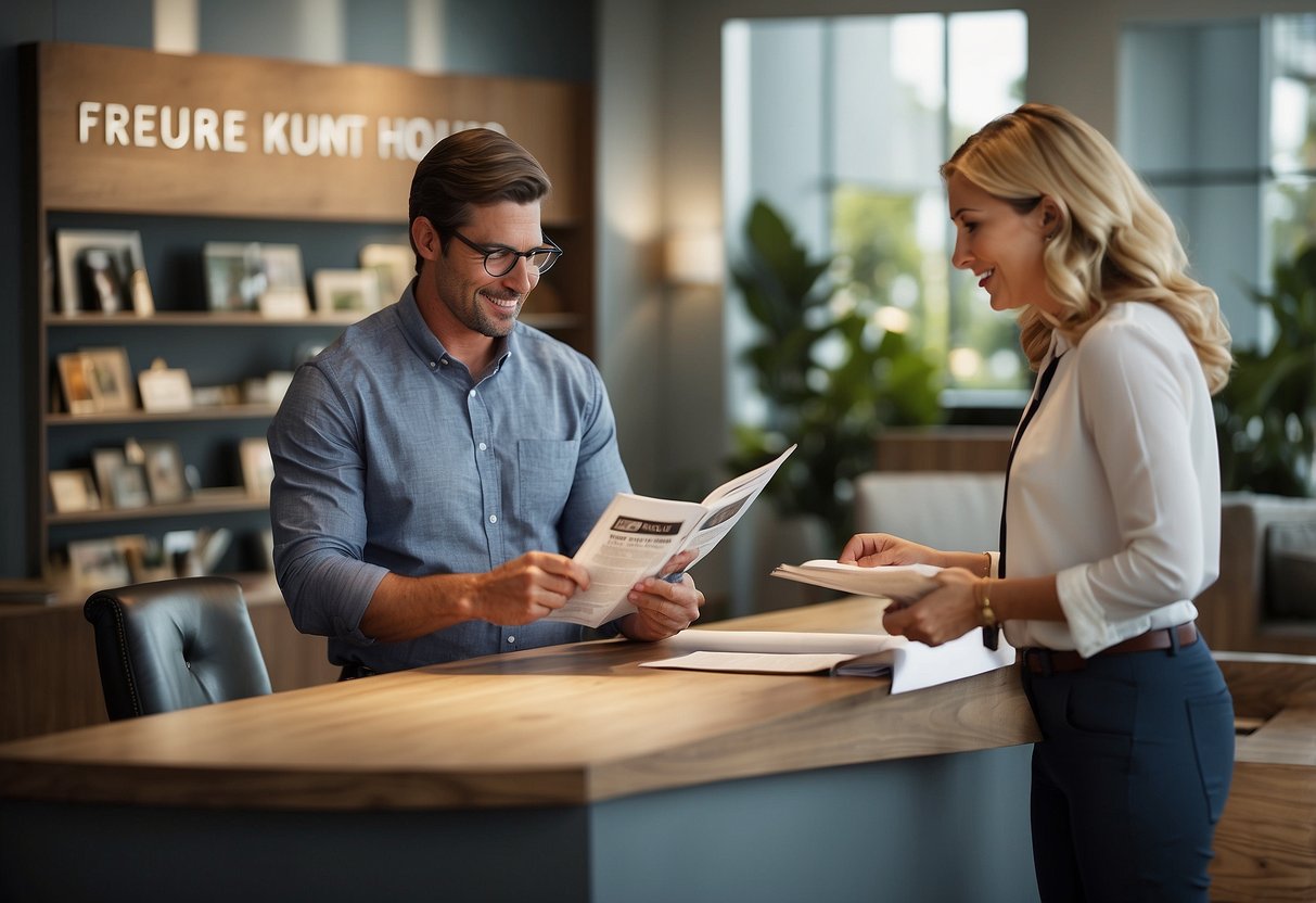 A customer browsing through a brochure with "Frequently Asked Questions" about Lauren furniture company, while a sales representative stands by to assist