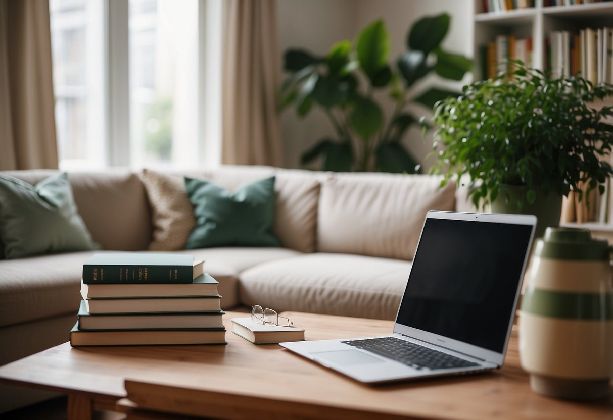 A cozy living room with a comfortable sofa, coffee table, and bookshelf. A laptop and notebook sit on the table, with a stack of books nearby. A large window lets in natural light, and a potted plant adds a touch of green