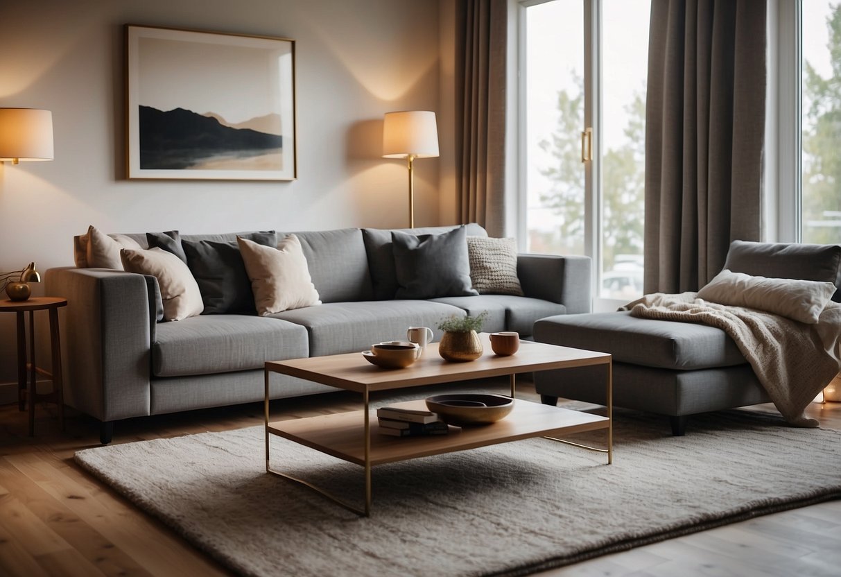 A cozy living room with a plush sofa, soft throw pillows, and a warm rug. A sleek coffee table and stylish floor lamp complete the modern comfort