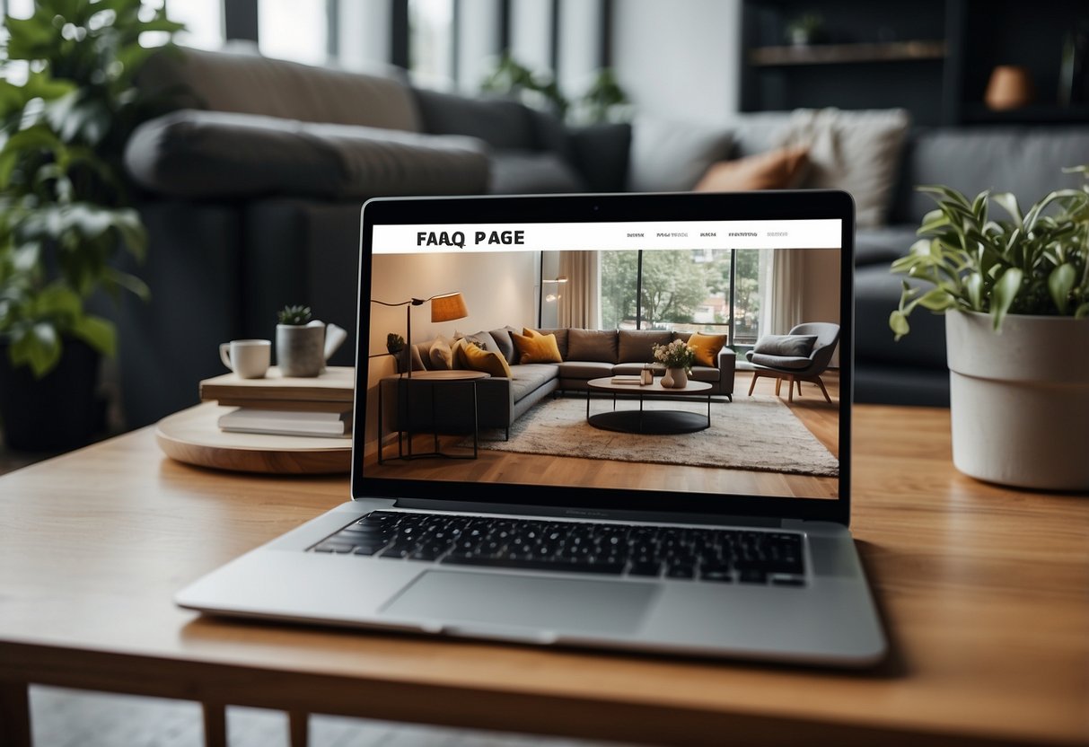 A laptop displaying an online furniture store's FAQ page with a sleek, modern living room set as the background