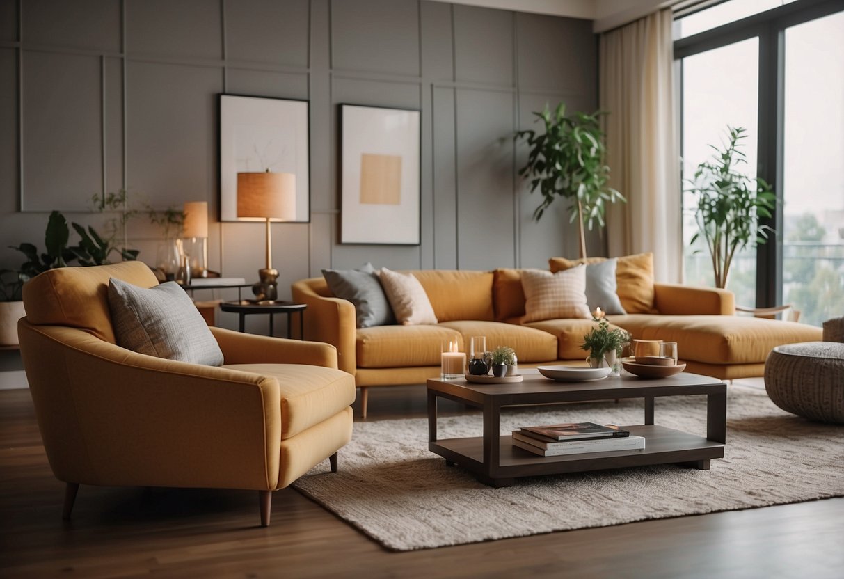 A cozy living room with a variety of modern and stylish furniture options. Bright lighting and warm colors create a welcoming atmosphere