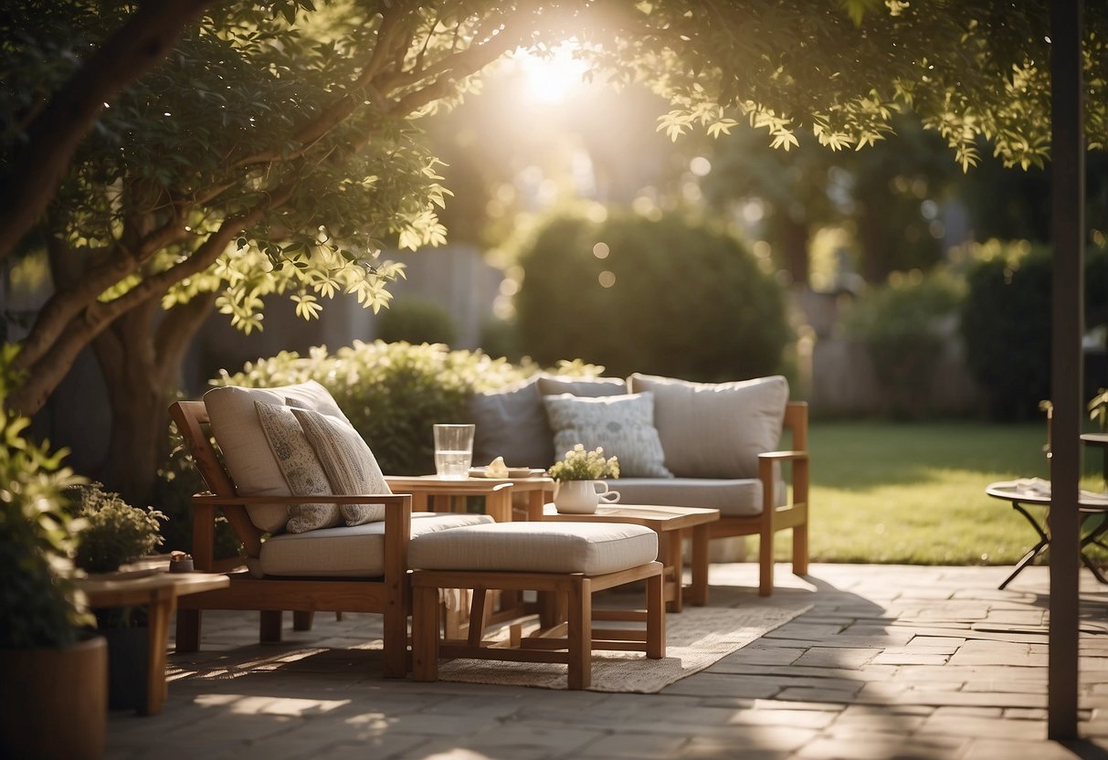 A backyard patio with Baxter outdoor furniture set under a shady tree. The sun is shining, and a gentle breeze rustles the leaves