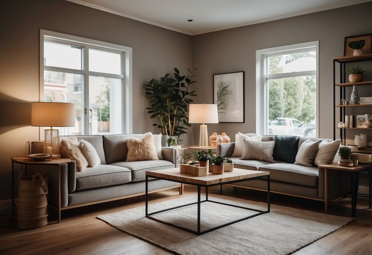 A cozy living room with a variety of stylish furniture pieces neatly displayed in a spacious showroom. Bright lighting and modern decor create a welcoming atmosphere for customers to browse and shop