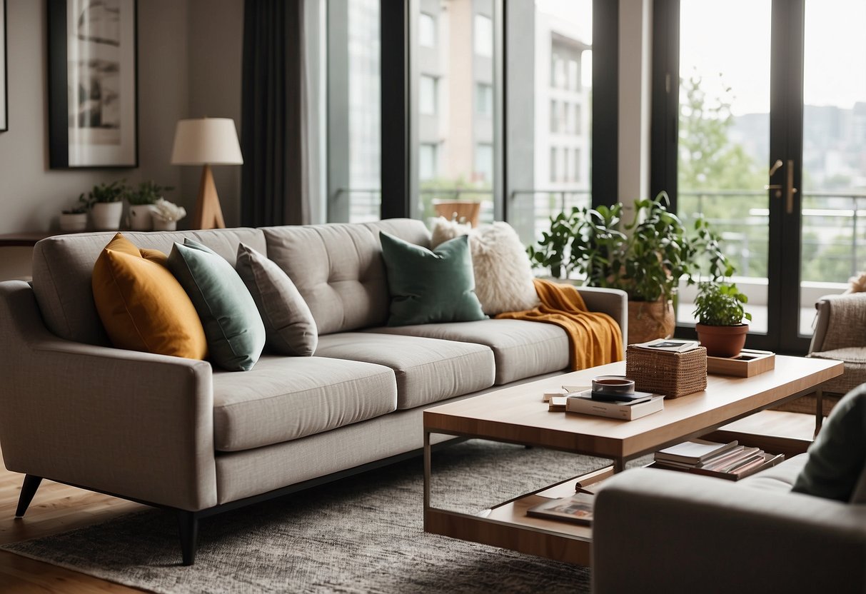 A cozy living room with modern furniture, including a plush sofa, sleek coffee table, and stylish armchair. Bright, natural light fills the space, creating a warm and inviting atmosphere
