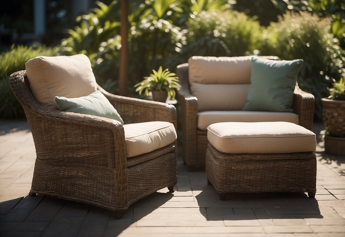 A cozy outdoor setting with Baxter furniture, surrounded by lush greenery and dappled sunlight