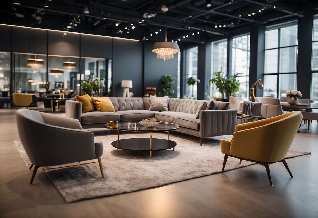 A showroom filled with modern furniture displays, with sleek sofas, elegant dining tables, and stylish chairs arranged in a spacious and well-lit setting