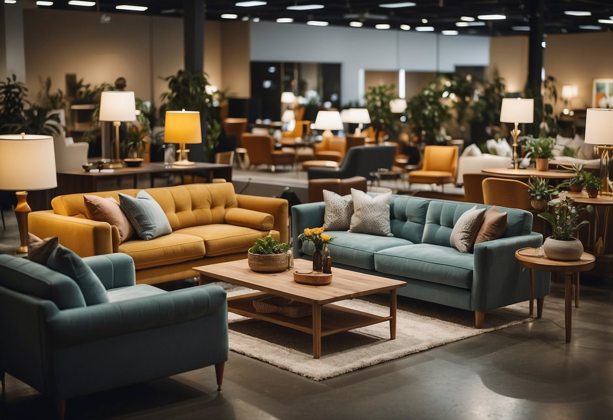 People browse modern and vintage furniture in spacious showrooms. Various styles and colors of sofas, tables, and chairs are on display
