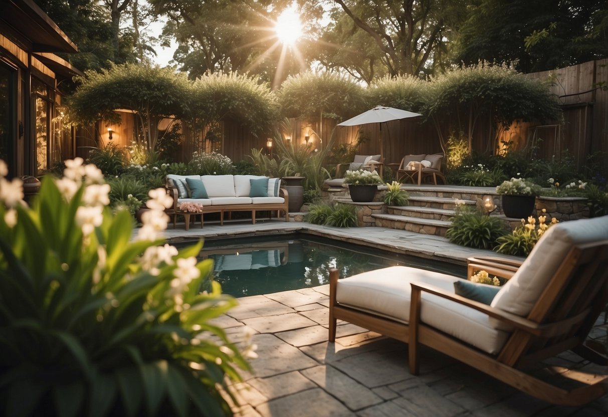A cozy outdoor oasis with Baxter furniture set, surrounded by lush greenery and blooming flowers, with a tranquil water feature and soft ambient lighting