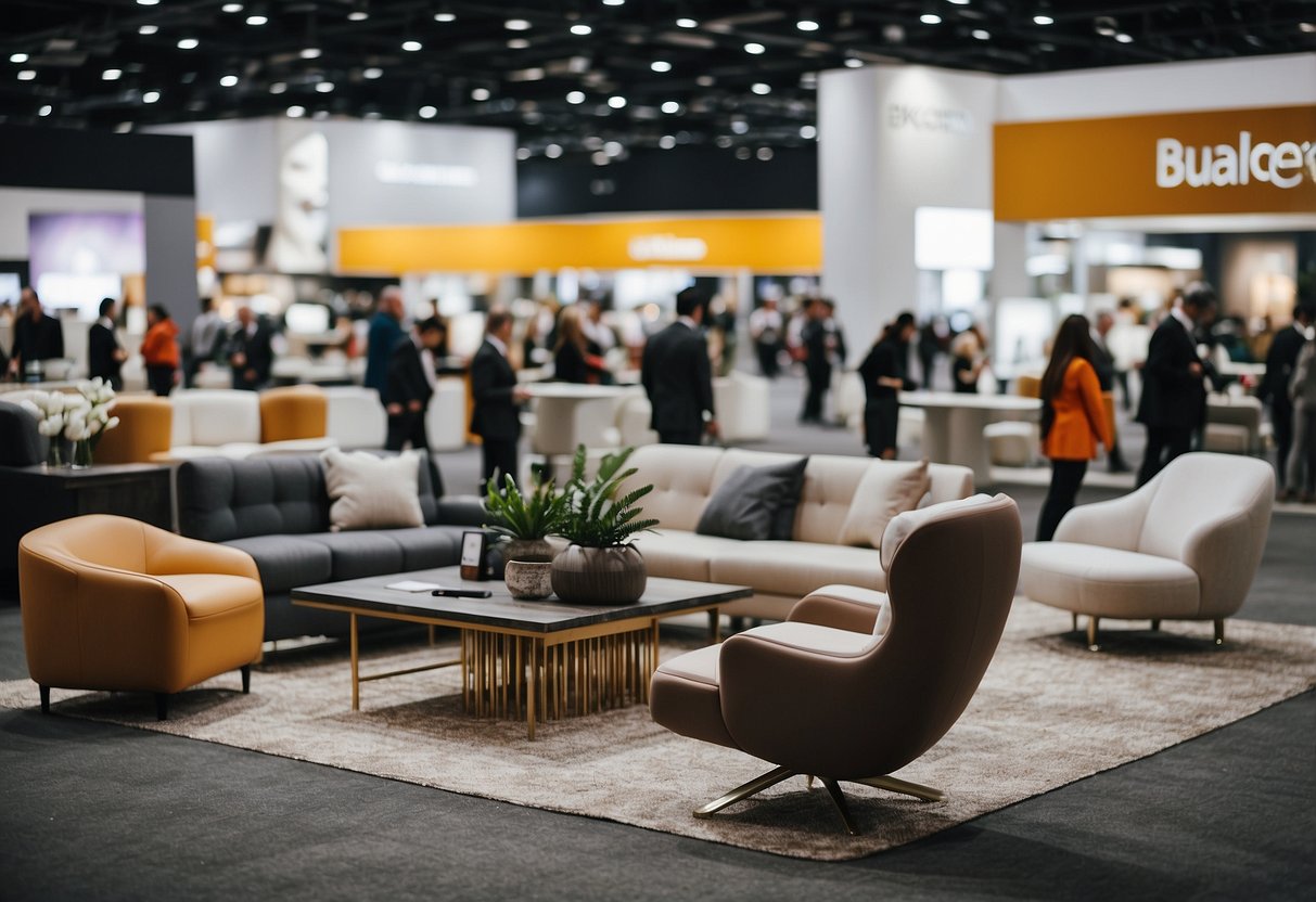 A bustling trade show floor with various furniture companies showcasing their latest designs and innovations. Displays of chairs, tables, and sofas draw in potential buyers and industry professionals
